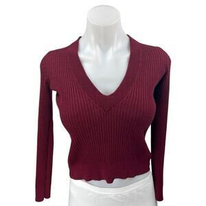J.Crew Red Maroon Wool Silk Cashmere Rib Knit Long Sleeve Crop Sweater Top Sz S